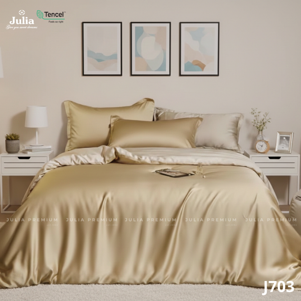 Bộ chăn ga gối ra giường lụa tencel màu trơn gỗ sồi màu nâu vàng phối kem cao cấp Hàn Quốc Julia 703