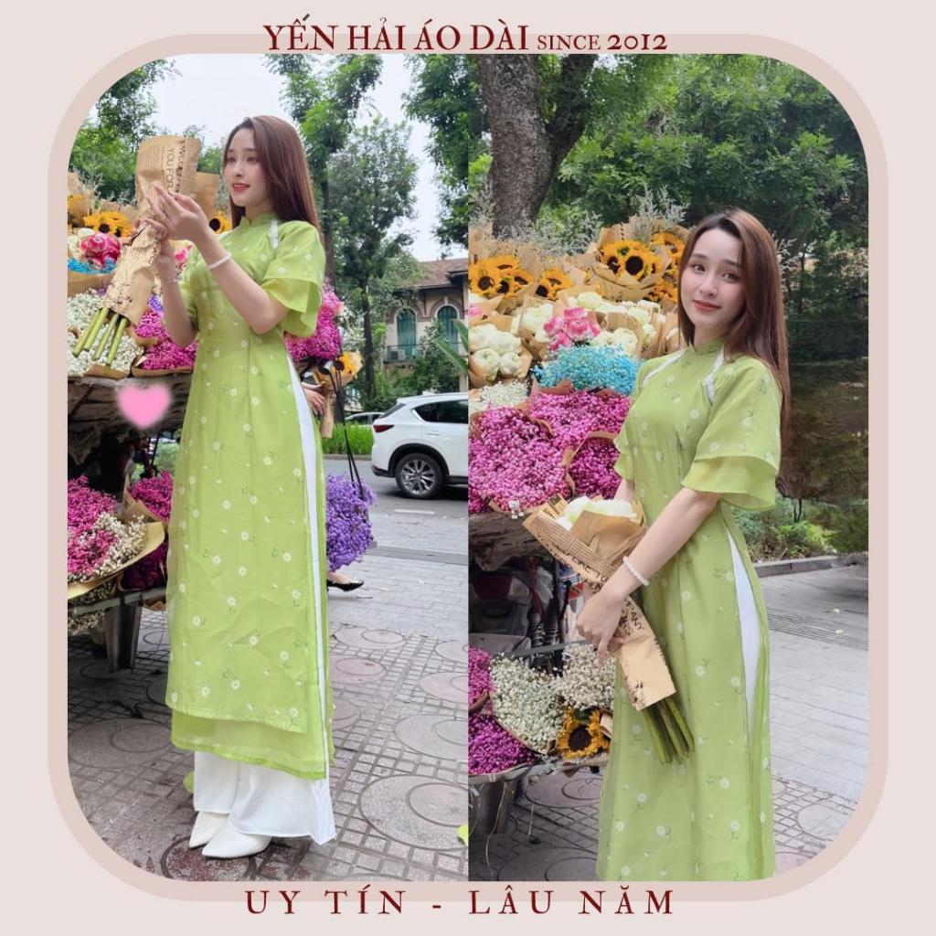 Áo Dài Cách Tân Thiết Kế Viền Ren Trắng Chất Liệu Von Tơ màu xanh cốm- CT1959