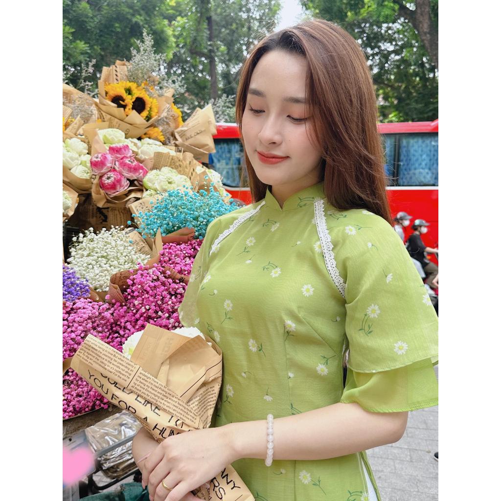 Áo Dài Cách Tân Thiết Kế Viền Ren Trắng Chất Liệu Von Tơ màu xanh cốm- CT1959