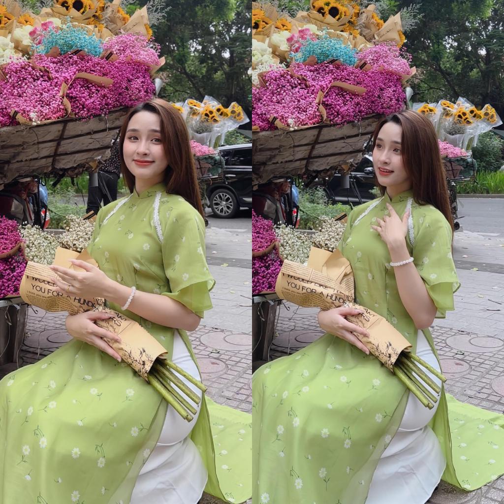 Áo Dài Cách Tân Thiết Kế Viền Ren Trắng Chất Liệu Von Tơ màu xanh cốm- CT1959