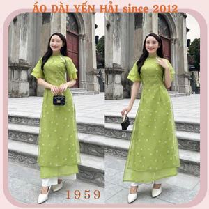 Áo Dài Cách Tân Thiết Kế Viền Ren Trắng Chất Liệu Von Tơ màu xanh cốm- CT1959