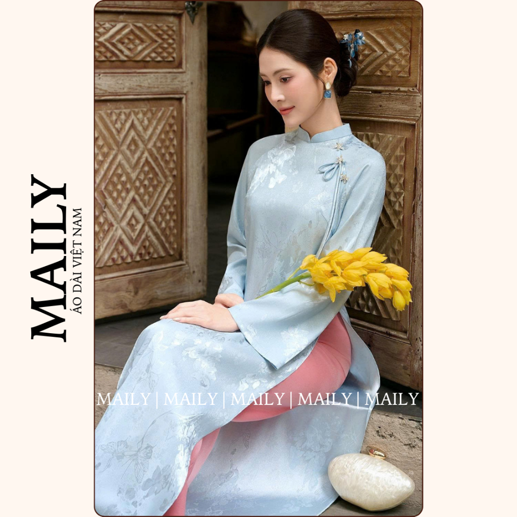 Áo Dài Cách Tân Thiên Điệp Chất Gấm Mềm Mại, Thiết Kế Cổ Cao Tay Dài Tay Loe Chiết Ly Sau Tôn Dáng - ÁO DÀI MAILY