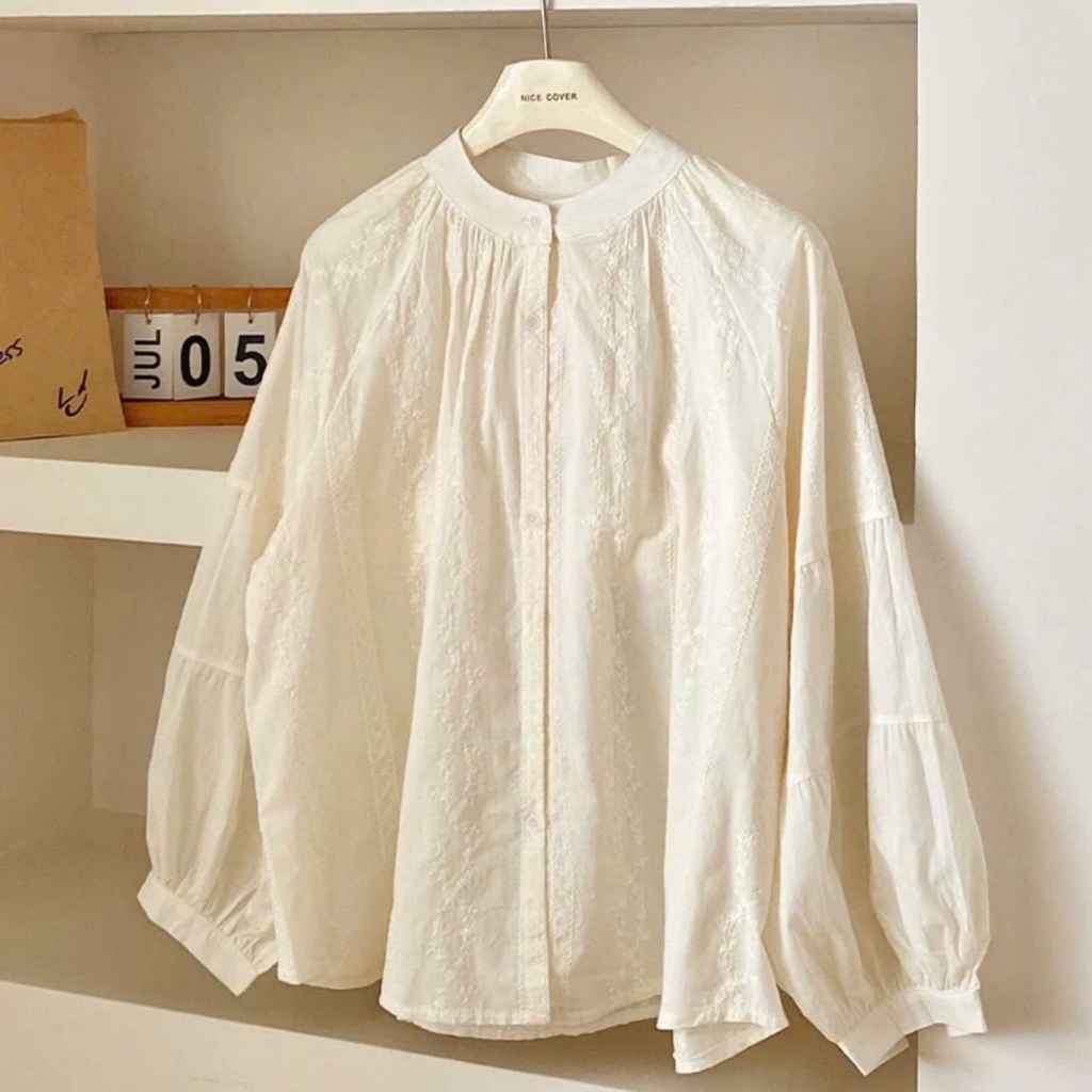 (TẶNG KÈM ÁO QUÂY) Áo ren xô hoa cổ tàu tay phồng dáng rộng Michu Babydoll