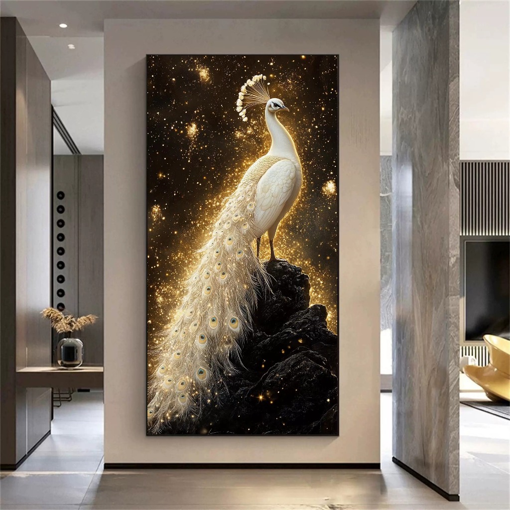Tranh Treo Tường "Chim Công Vàng Nghệ Thuật Phong Thủy"  Tráng Gương, Tranh treo Decor Trang Trí Sảnh Nhà Phòng Khách