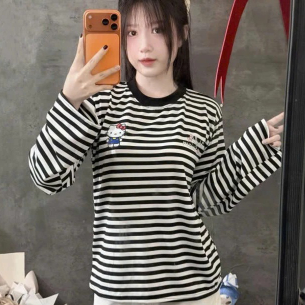 Áo Thun Sweater Kẻ Vằn Dài Tay In Các Mẫu Cutee Basic From Rộng 100% Cotton Mềm Mát Siêu Co Dãn