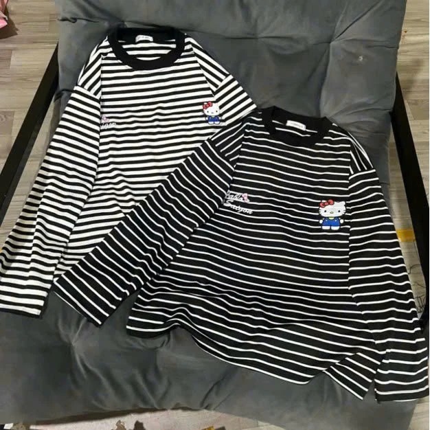 Áo Thun Sweater Kẻ Vằn Dài Tay In Các Mẫu Cutee Basic From Rộng 100% Cotton Mềm Mát Siêu Co Dãn