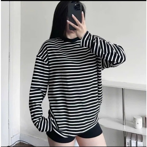 Áo Thun Sweater Kẻ Vằn Dài Tay In Các Mẫu Cutee Basic From Rộng 100% Cotton Mềm Mát Siêu Co Dãn