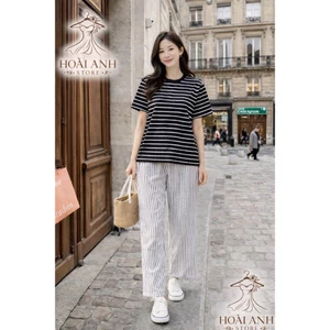 Sét Áo Mặc Hè Basic Thời Trang Nữ Áo Kẻ Vằn Mix Kèm Quần Dài Kẻ Sọc Chất Đũi Mềm Mát