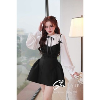 Set áo sơ mi mix váy 2 dây đen ren siêu đẹp dành cho chị em mặc đi chơi kiểu tiểu thư nhẹ nhàng xinh - Baotrang.clothes