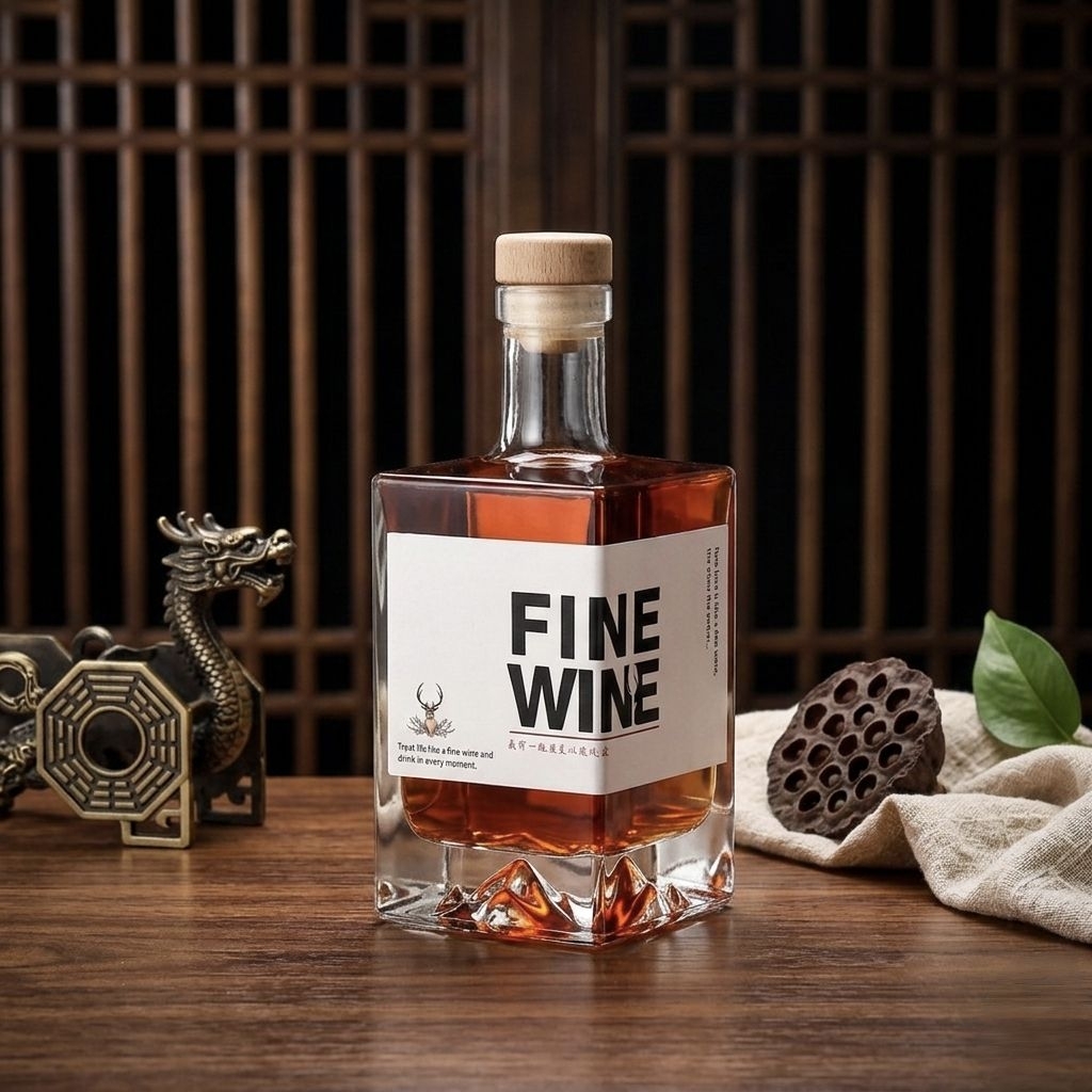 Vỏ Chai Rượu Thủy Tinh Vuông 500ml Nắp Gỗ + Đáy núi - Chai RượuTrang Trí Sang Trọng
