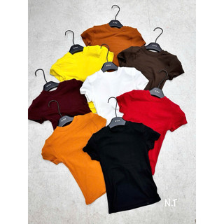 Áo thun cotton cổ tròn cộc tay có đệm vai form ôm (Hàng QC -WU33) #23703