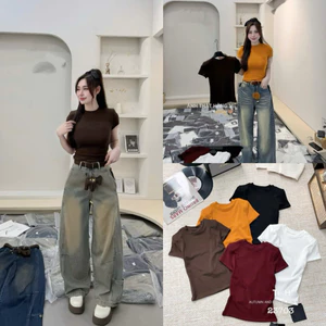 Áo thun cotton cổ tròn cộc tay có đệm vai form ôm (Hàng QC -WU33) #23703