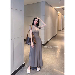 Váy Thun Body Maxi Xoè Cổ Bẻ Khuy Ngực Chuẩn Nhung Đặng