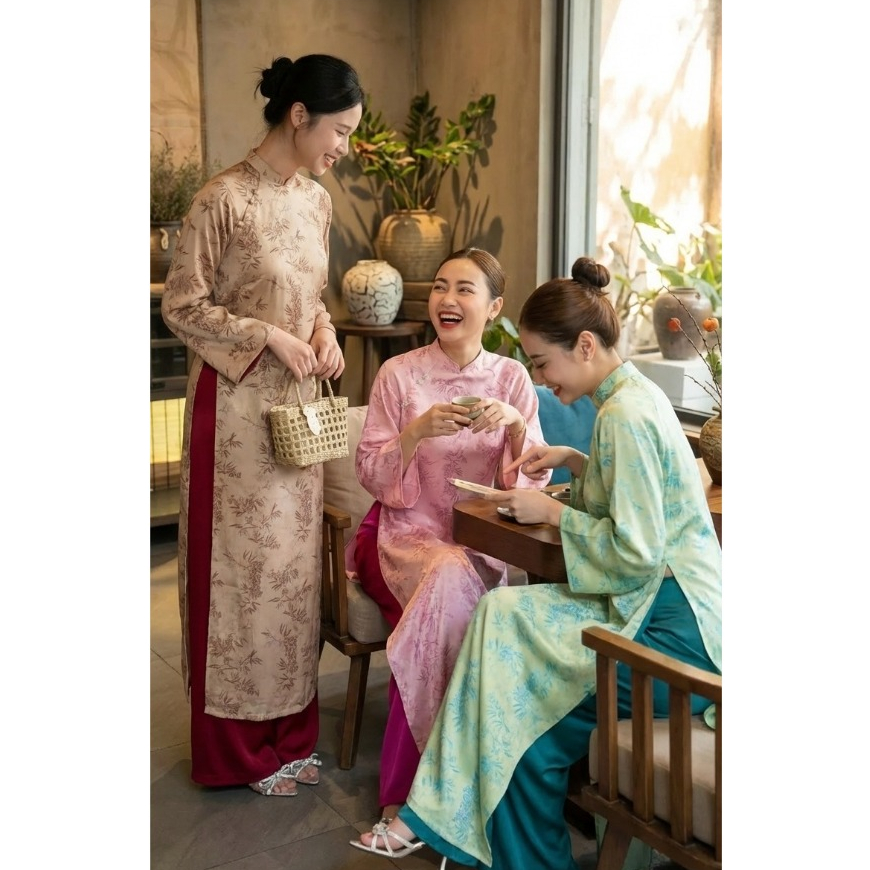 Áo Dài Tết 2026 Màu Pastel Họa Tiết Lá Trúc Nhã Nhặn Chất Gấm Mềm Mịn Không Nhăn Dáng Suông Hack DángT1472G