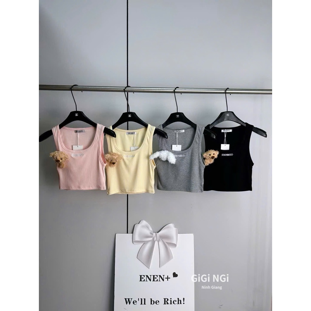 Set áo yếm quần sooc jeans rách 13DMZ đính gấu bông