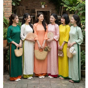 Áo Dài Cách Tân Nữ Lụa Gấm Hoa Cao Cấp Thiết Kế Cổ Tròn Đính Khuy Sang Trọng Đi Tiệc Lễ Tết Chụp Ảnh T1606G