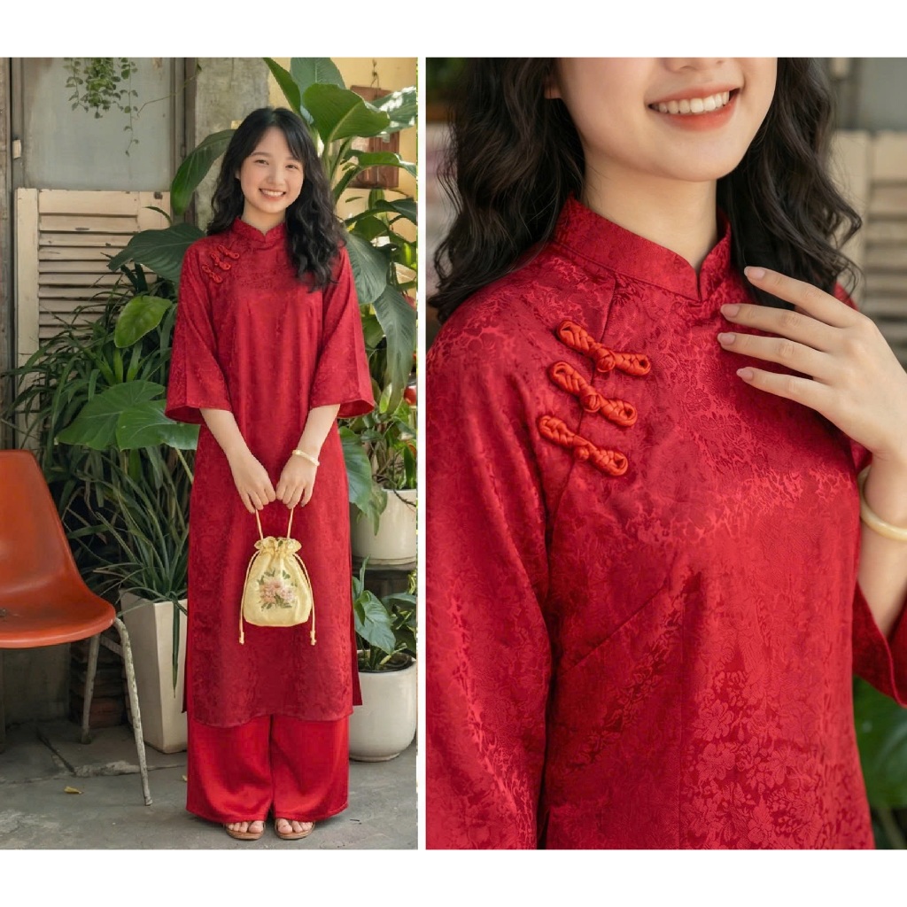 Áo dài cách tân suông cổ cao tay lỡ lụa gấm hoa phối khuy vải Set quần ống rộng có khóa mặc Tết lễ pastel trẻ T1447G