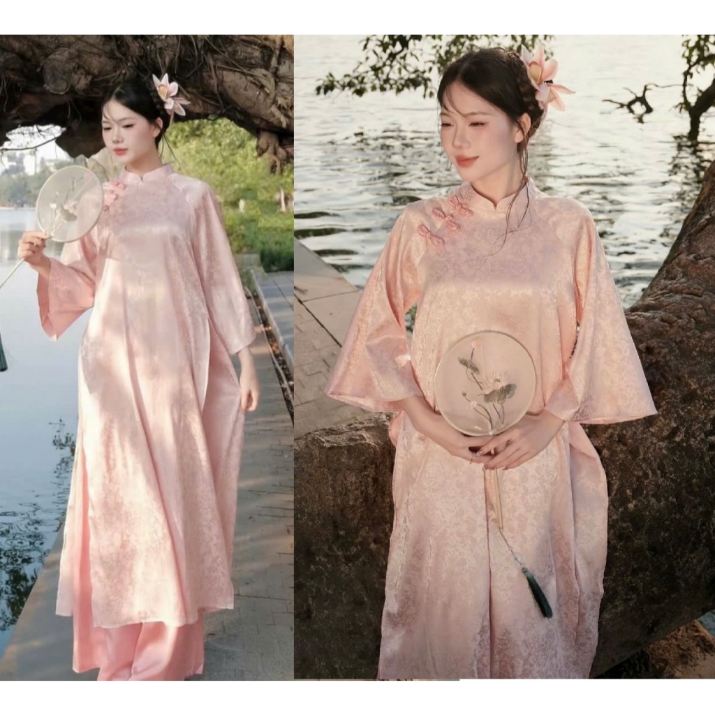 Áo dài cách tân suông cổ cao tay lỡ lụa gấm hoa phối khuy vải Set quần ống rộng có khóa mặc Tết lễ pastel trẻ T1447G
