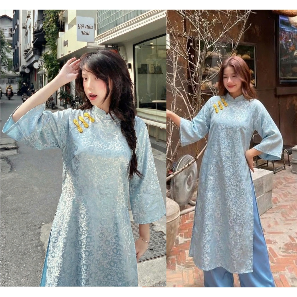 Áo dài cách tân suông cổ cao tay lỡ lụa gấm hoa phối khuy vải Set quần ống rộng có khóa mặc Tết lễ pastel trẻ T1447G
