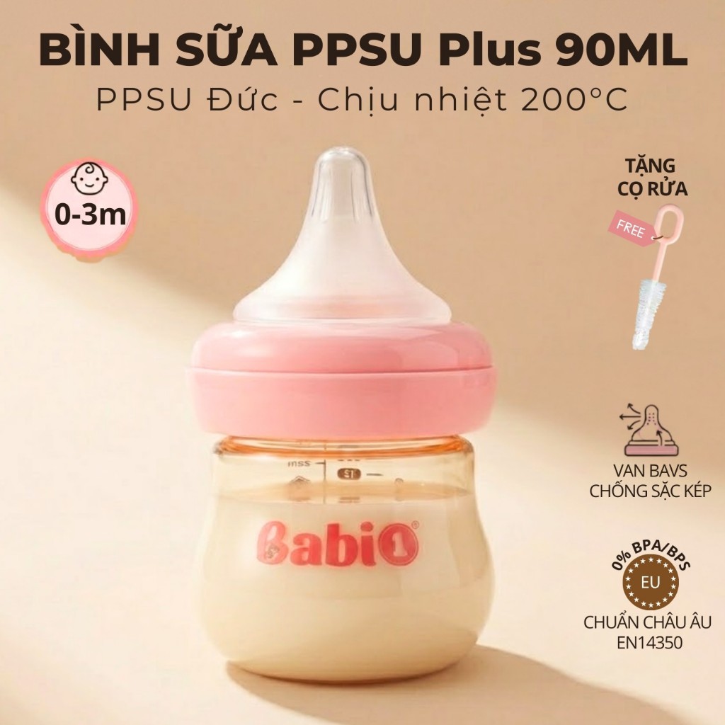 Bình Sữa Babi1 PPSU Plus Cổ Rộng 90ml Cho Bé Sơ Sinh - Núm Siêu Mềm Chống Sặc Sữa & Đầy Hơi Hiệu Quả
