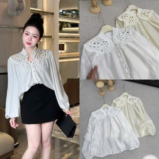 Áo sơ mi tơ xước pha ren cúc bọc #93180