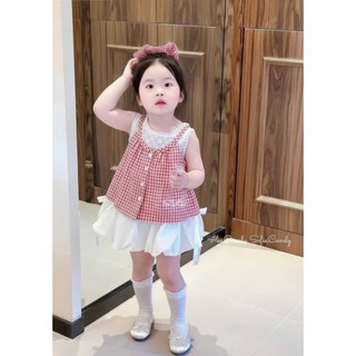 [B&G] Sét váy áo kẻ xanh, đỏ ren phối chân váy bí trắng dễ thương cho bé gái từ 12-45kg(2-12 tuổi)