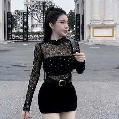 Áo lưới đá kiểu tay dài kèm áo lót, phong cách xuyên thấu gợi cảm A589