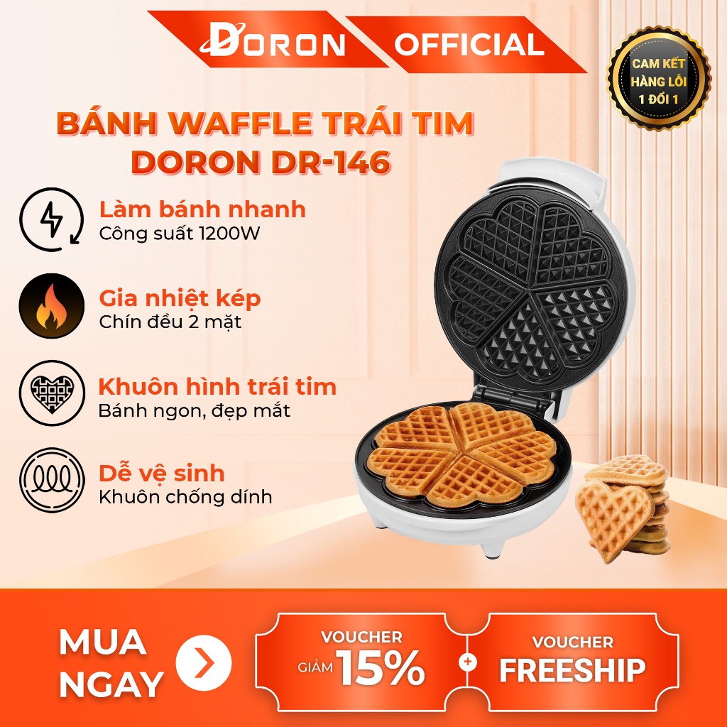 Máy làm bánh waffle, máy làm bánh tổ ong DORON 1200W làm nóng nhanh, bánh chín đều 2 mặt