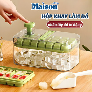 Hộp Khay Làm Đá Viên 2 Lớp Nhấn Lấy Đá Tự Động MAISON Khay Làm Đá Tủ Lạnh 56 Ô Có Nắp Ngăn Mùi Tiện Lợi