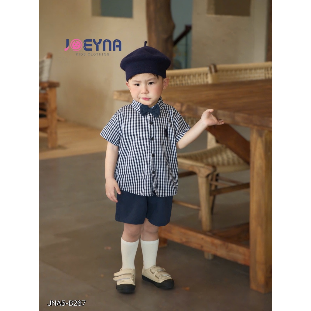 (tặng kèm nơ) Set bộ sơ mi cộc Joeyna B267 kẻ caro cho bé 8-23kg