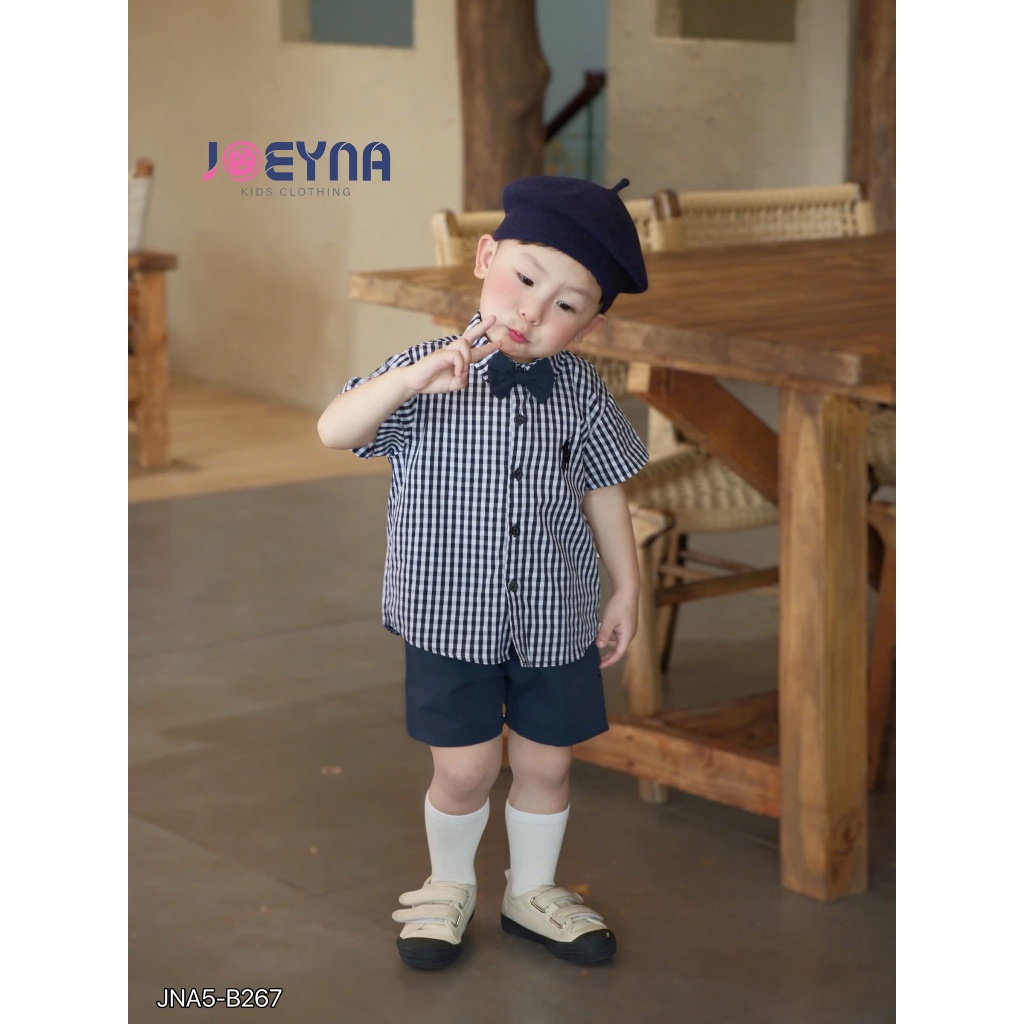 (tặng kèm nơ) Set bộ sơ mi cộc Joeyna B267 kẻ caro cho bé 8-23kg