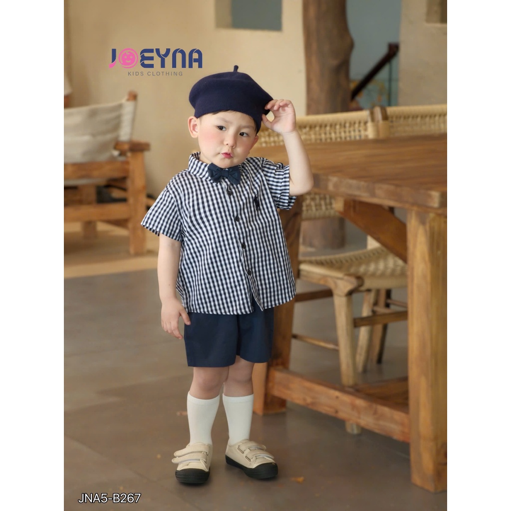 (tặng kèm nơ) Set bộ sơ mi cộc Joeyna B267 kẻ caro cho bé 8-23kg