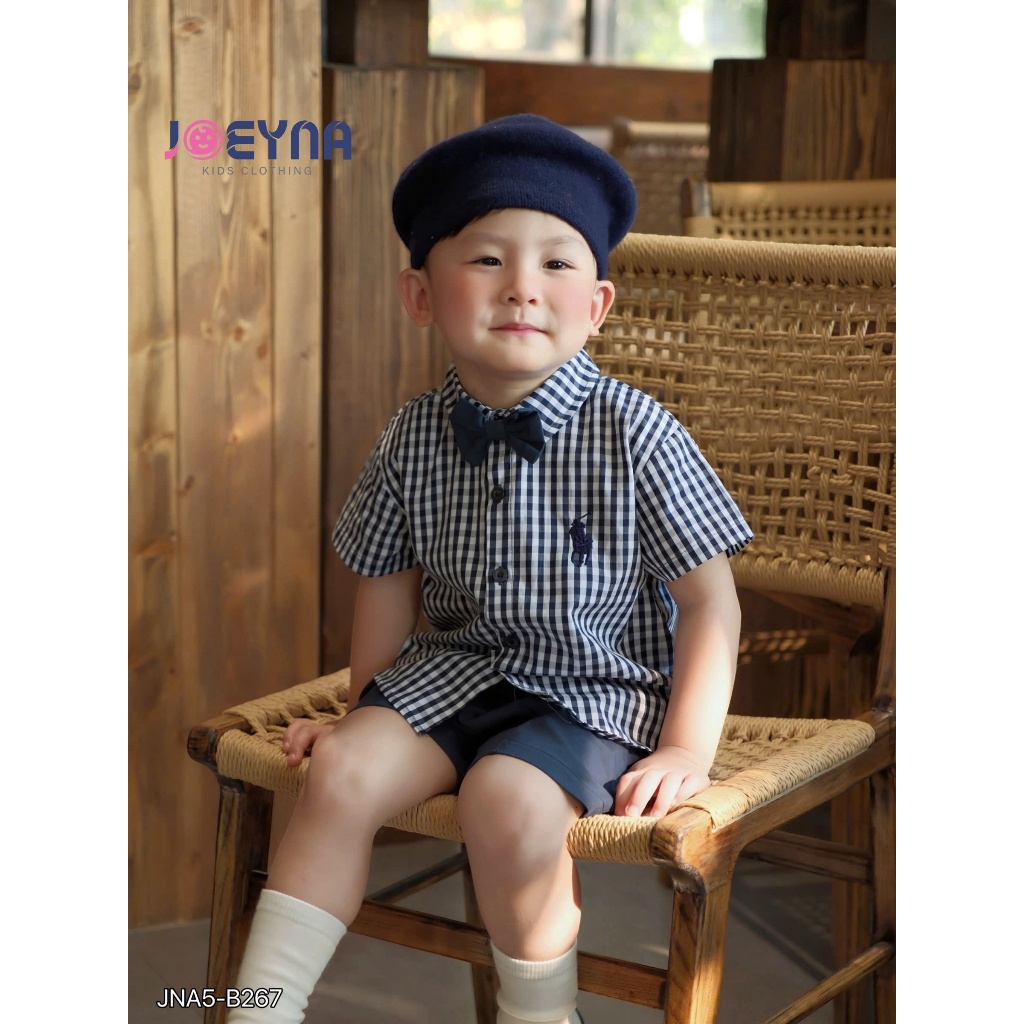 (tặng kèm nơ) Set bộ sơ mi cộc Joeyna B267 kẻ caro cho bé 8-23kg