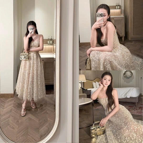 ZIMM STORE-Đầm Dài  Mix Ren Hoa Hai Dây