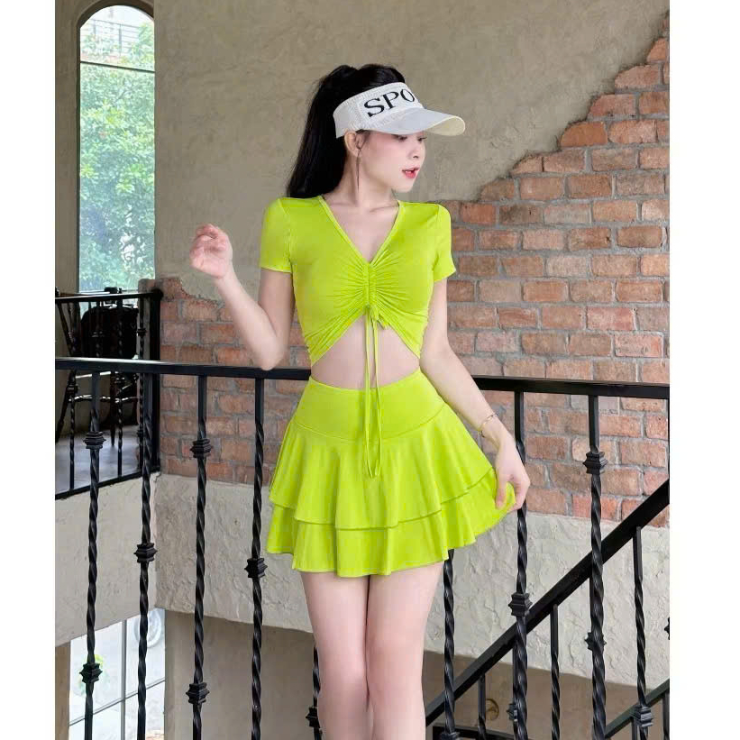 Set váy đi bơi , tập aerobic... váy xòe tầng ,áo rút dây kín đáo trẻ trung năng động che khuyết điểm