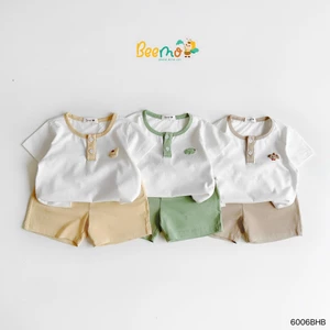 Set bộ thun cộc tay in nổi pastel cotton mềm mát cho bé, bộ thun cổ tròn bé trai in nổi hoạ tiết