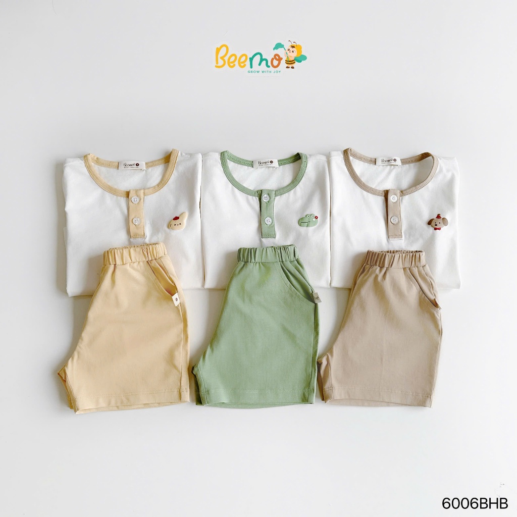 Set bộ thun cộc tay in nổi pastel cotton mềm mát cho bé, bộ thun cổ tròn bé trai in nổi hoạ tiết
