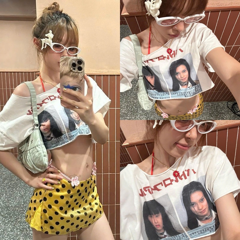 (sẵn)Áo thun croptop trễ vai cộc tay dáng rộng màu trắng hoạ tiết hình cô gái cá tính ATV035 - Tiktik