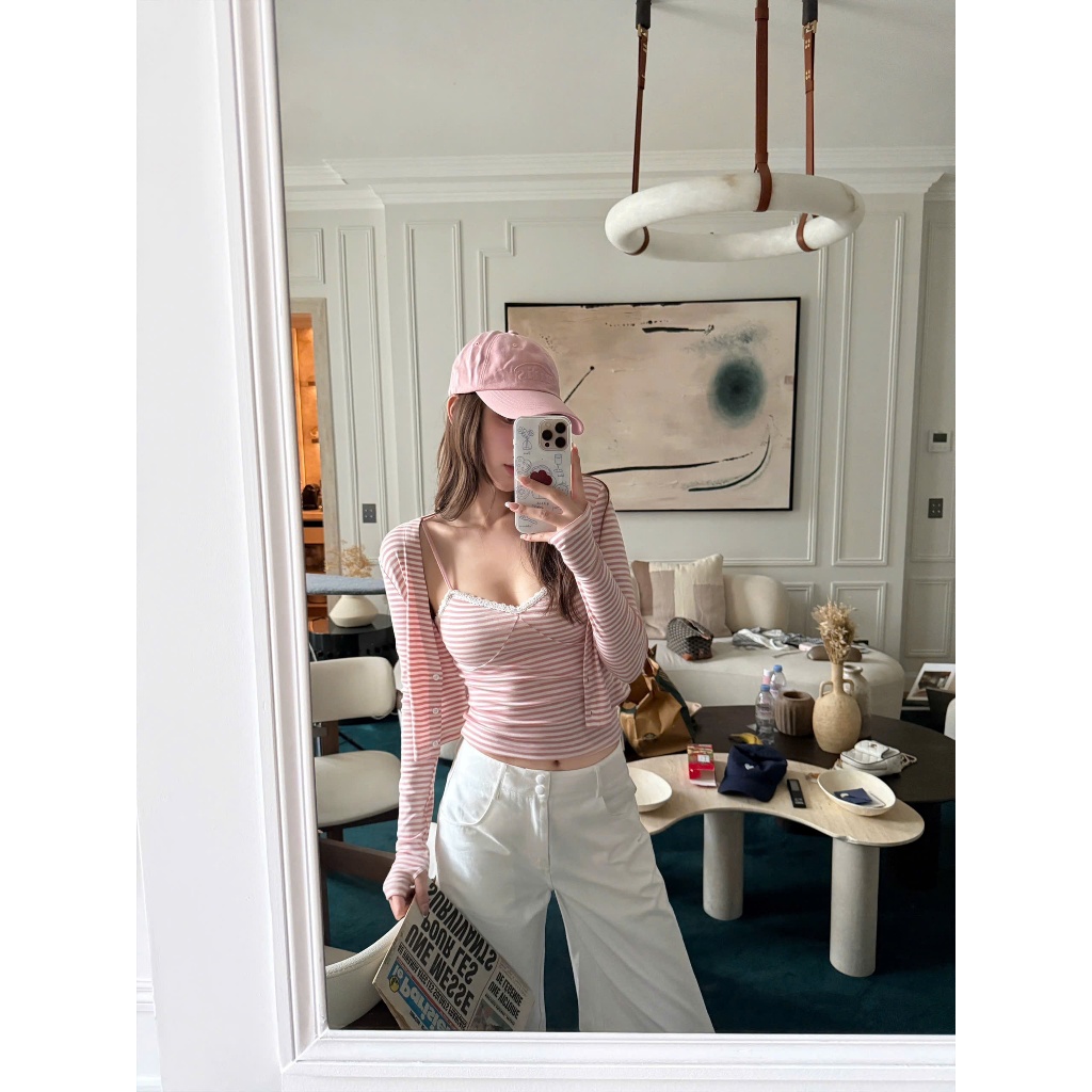 Set áo hai dây viền ren và áo khoác kẻ ngang hồng xanh chất cotton đi biển nữ tính SET004 - Tiktik