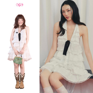 Đầm yếm OLV suông cổ V xếp tầng bèo White Cotton Halter Tiered Mini Dress thanh lịch phù hợp đi tiệc