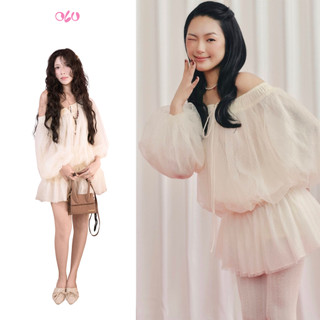 Đầm OLV trễ vai dáng suông dễ thương Ivory Chiffon Off Shoulder Puff Mini Dress phù hợp đi chơi