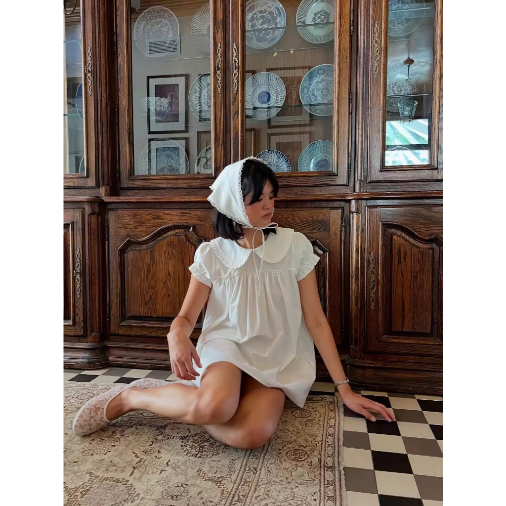 (sẵn S)Váy đầm trắng ngắn dáng babydoll cổ sen tay bo phong cách tiểu thư cổ điển V007 - Tiktik