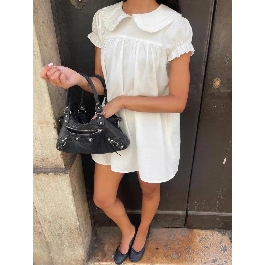 (sẵn S)Váy đầm trắng ngắn dáng babydoll cổ sen tay bo phong cách tiểu thư cổ điển V007 - Tiktik
