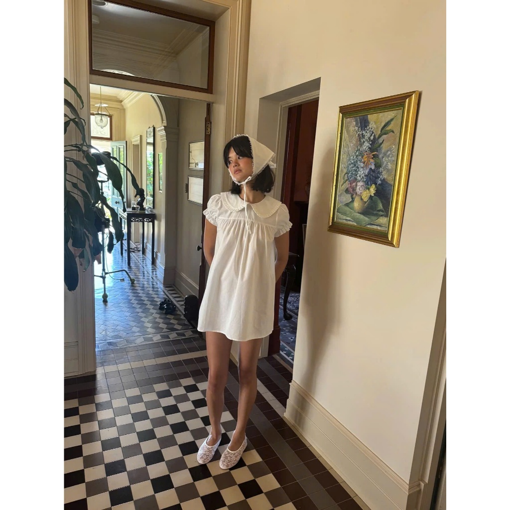 (sẵn S)Váy đầm trắng ngắn dáng babydoll cổ sen tay bo phong cách tiểu thư cổ điển V007 - Tiktik