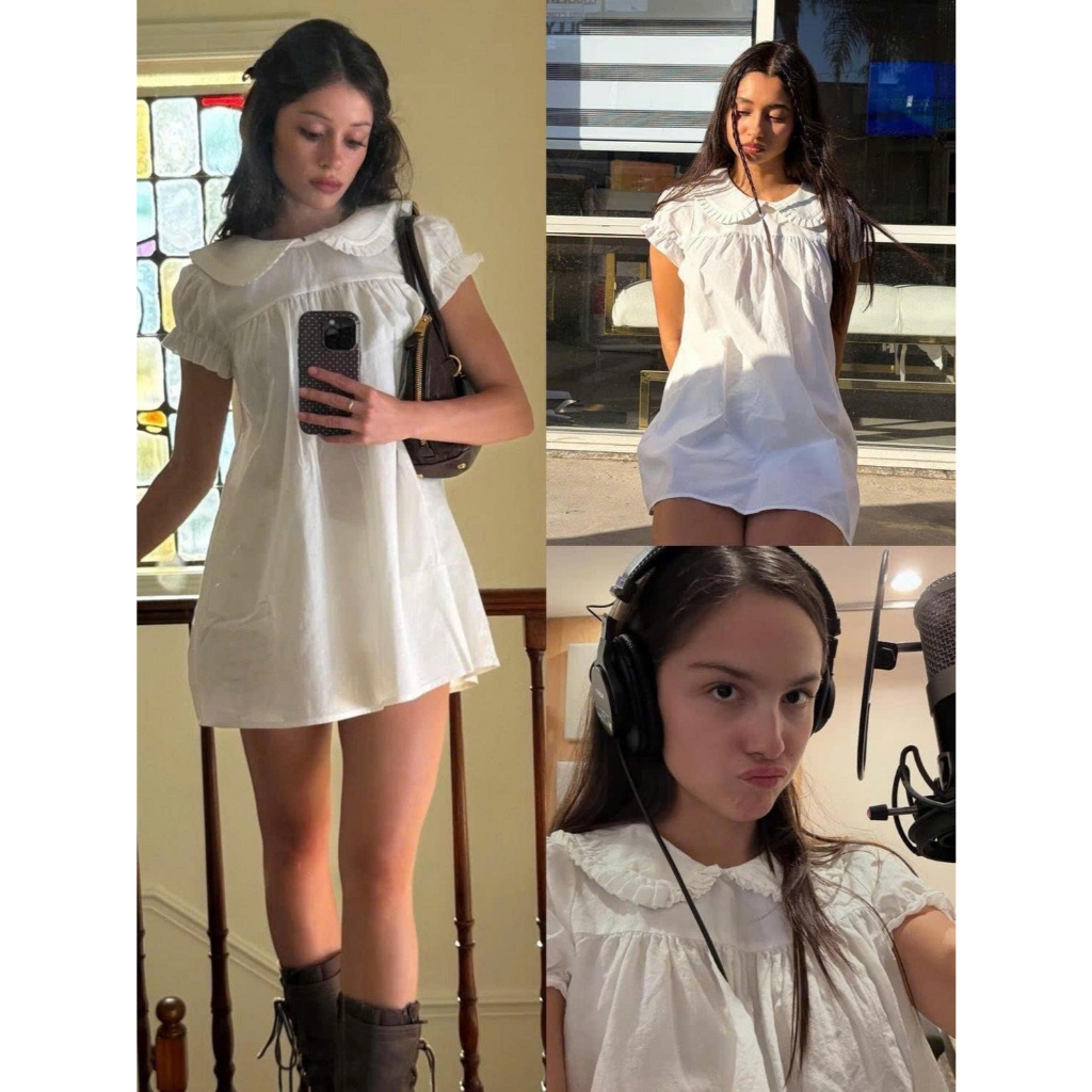 (sẵn S)Váy đầm trắng ngắn dáng babydoll cổ sen tay bo phong cách tiểu thư cổ điển V007 - Tiktik