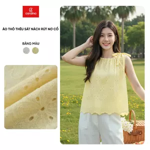 Áo kiểu nữ CARDINA chất liệu thô thêu sát nách rút nơ cổ 6AKS01