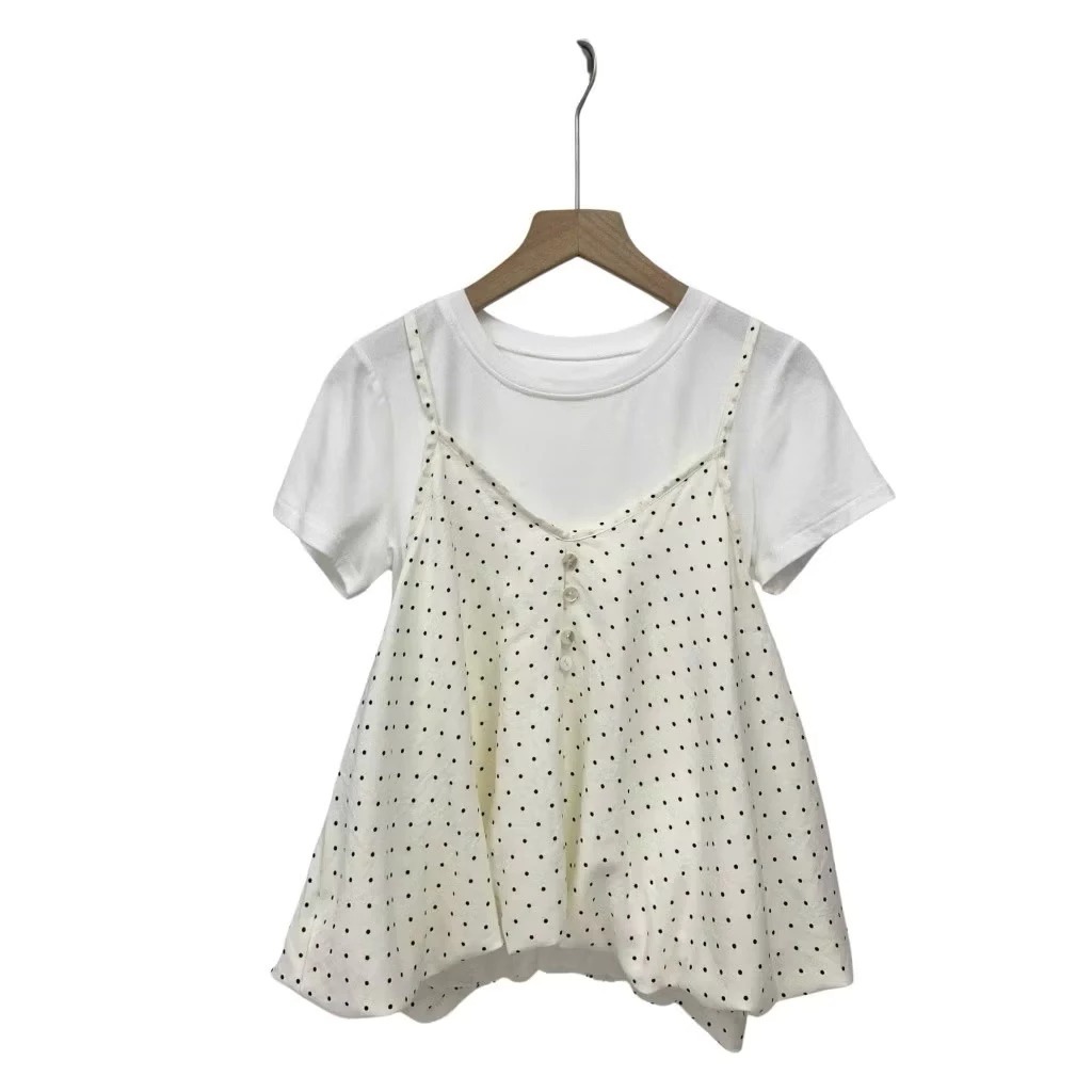 [Peinn] Set Yếm Nữ 2 Dây Chấm Bi Dáng Bí Cúc Dọc Kèm Áo Thun Trơn KENCO Clothing SG Thời Trang Nữ 3802