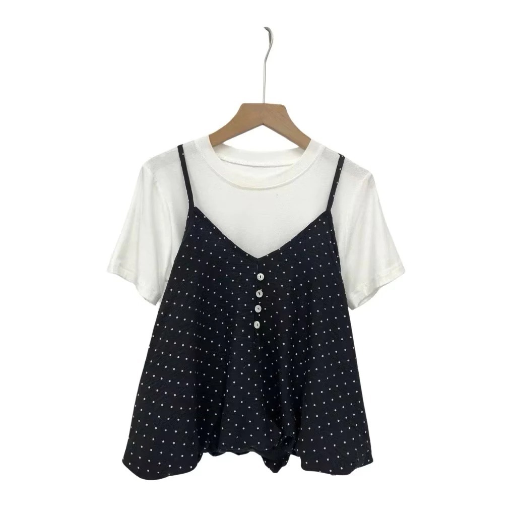 [Peinn] Set Yếm Nữ 2 Dây Chấm Bi Dáng Bí Cúc Dọc Kèm Áo Thun Trơn KENCO Clothing SG Thời Trang Nữ 3802