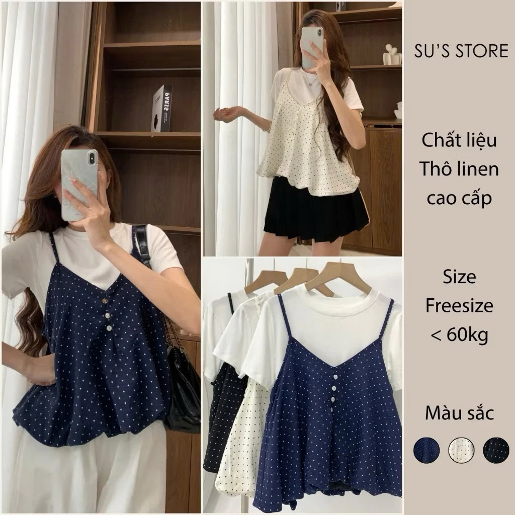 [Peinn] Set Yếm Nữ 2 Dây Chấm Bi Dáng Bí Cúc Dọc Kèm Áo Thun Trơn KENCO Clothing SG Thời Trang Nữ 3802