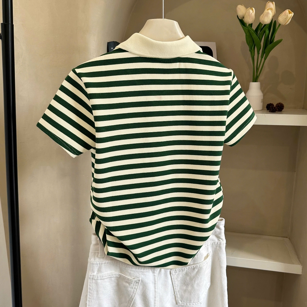 Áo Polo Sọc Màu Xanh Lá Thanh Lịch, Chất Cotton Mềm Mịn.